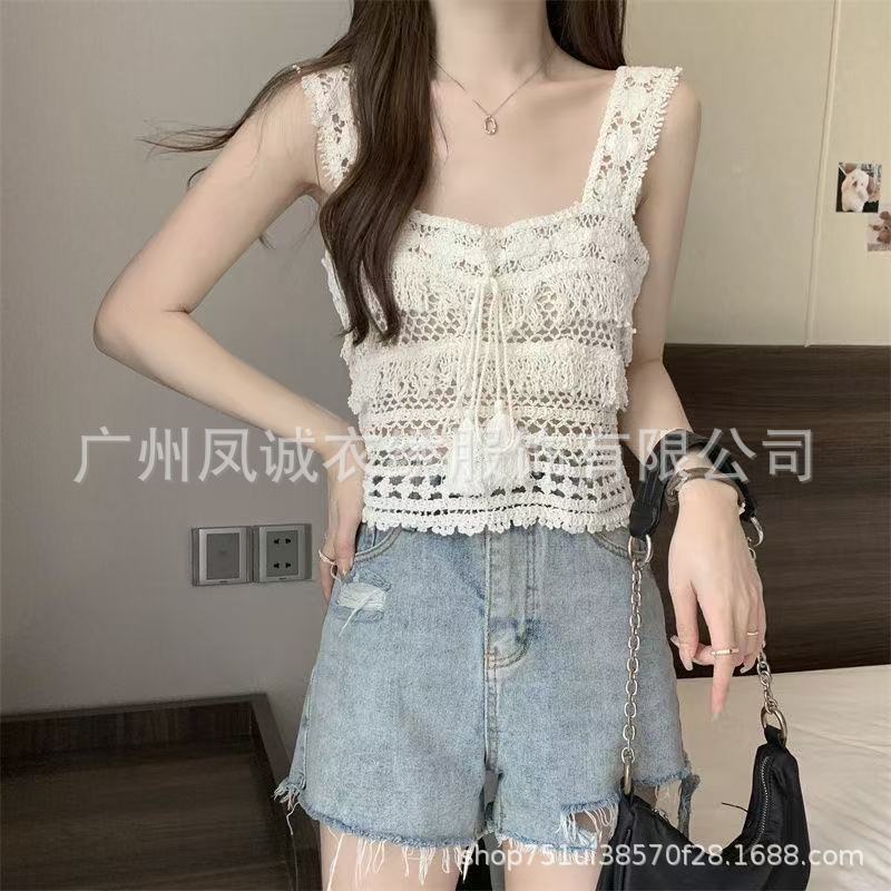 Summer New Style French Retro Fashion Holiday Woven Vest Tassel Square Collar Strap Hot Girl Short Top