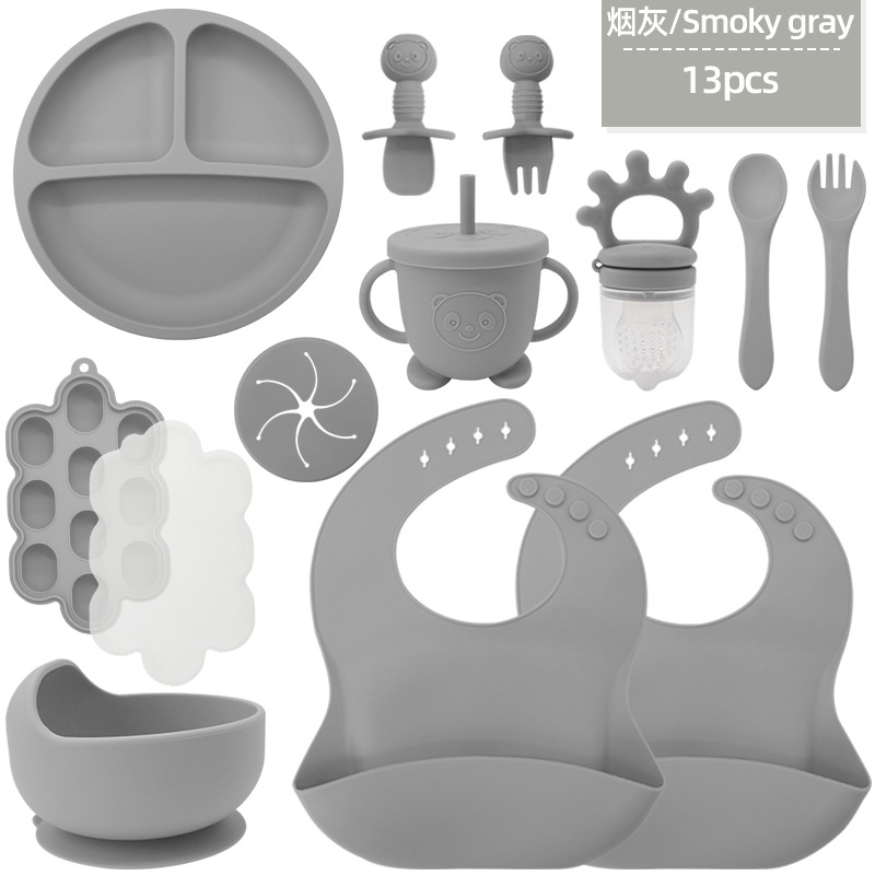 Juego de vajilla de silicona para niños transfronterizos Tazón de comida especial para bebés y niños pequeños Cuchara de silicona de grado alimenticio Juego completo de babero