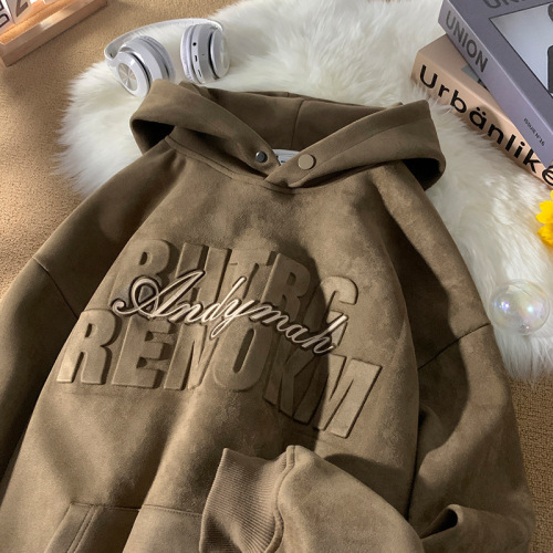 Deer hide plush heavy-duty hoodie men's spring and autumn loose hooded jacket American fashion brand casual versatile long-sleeved top