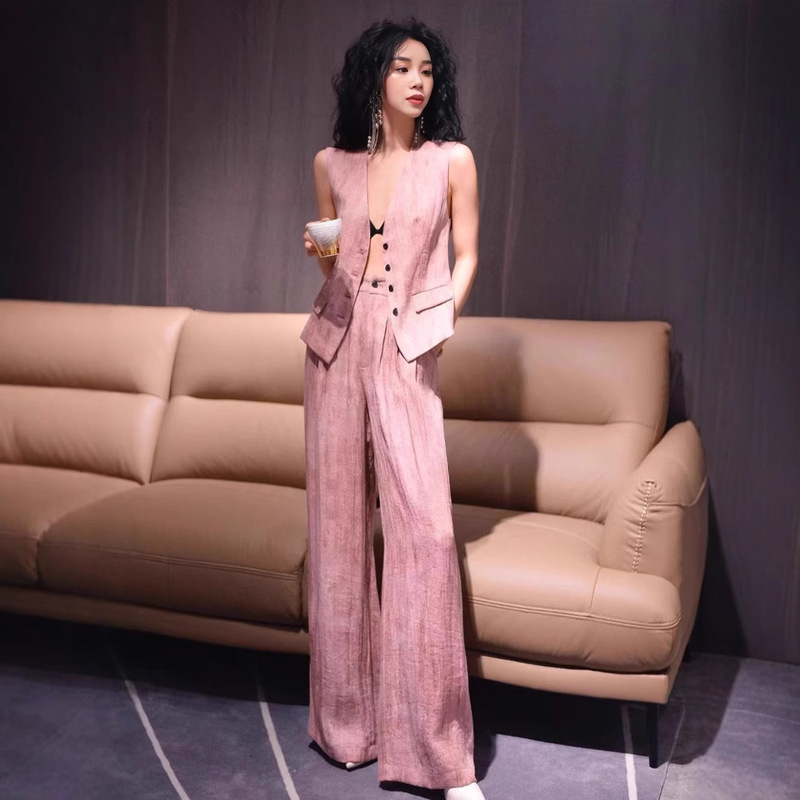 Foreign Trade High-End Old Money Style Sleeveless Suit Women's Cotton Blend Vest Loose Wide-Leg Pants Two-Piece Set