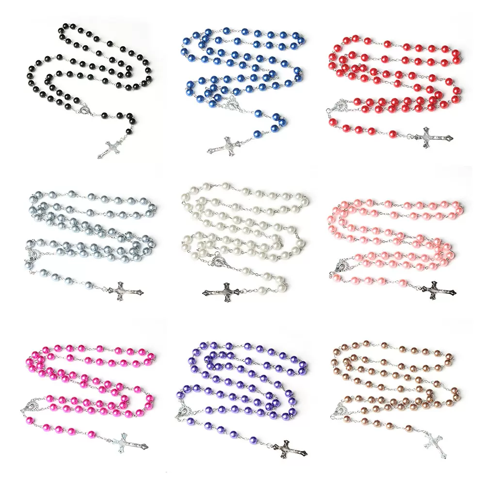 玻璃珍珠念珠十字架项链8mm跨境饰品十字架Catholic Rosary 批发