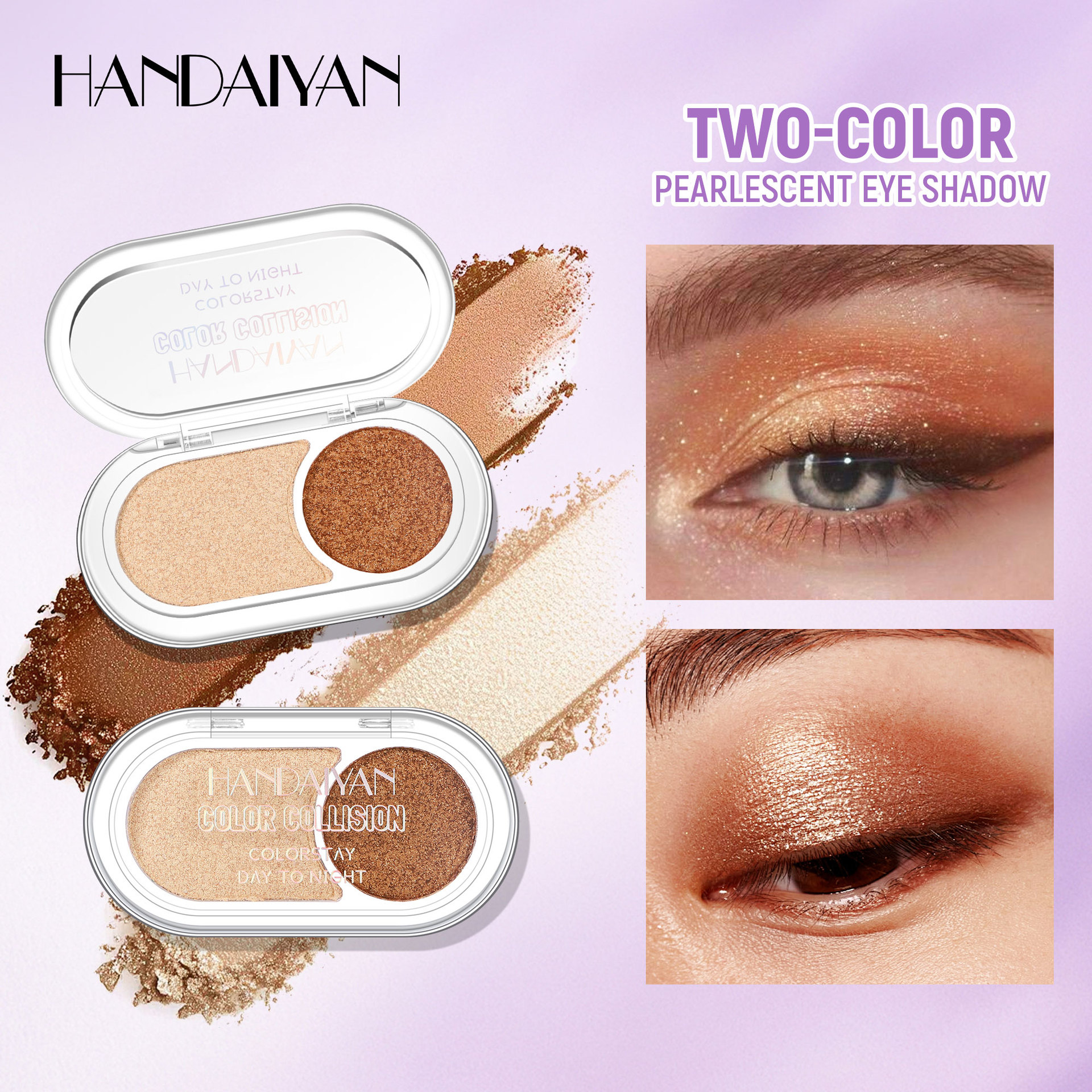 Sombras de ojos transfronterizas de dos colores HANDAIYAN bandeja de sombra de ojos metálica brillante lote de sombra de ojos