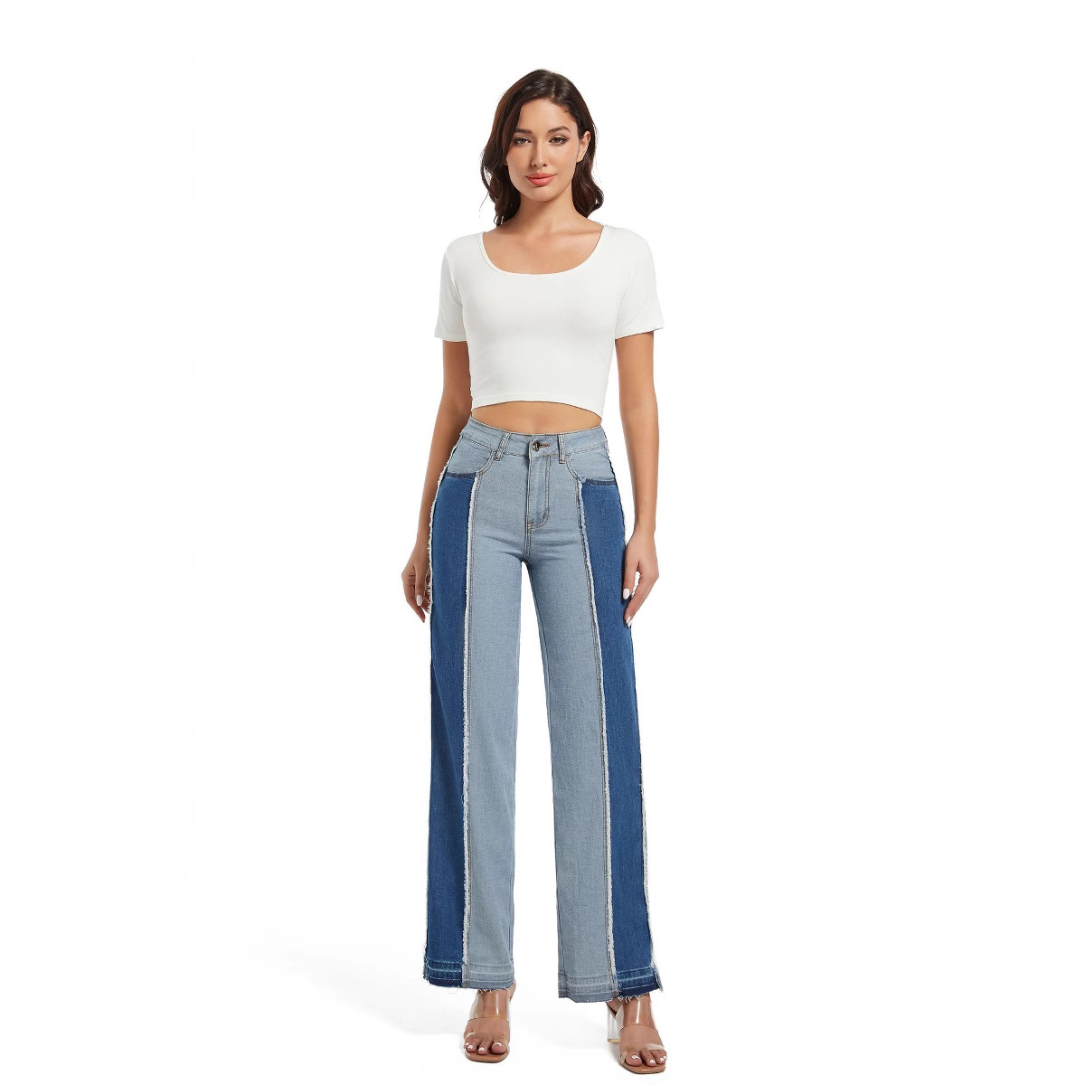 Nuevos jeans de mujer 2026 de cintura alta, con bloques de color y dobladillos deshilachados, de pierna recta, estilo europeo y americano, ajuste ceñido, elásticos, versátiles, en stock.