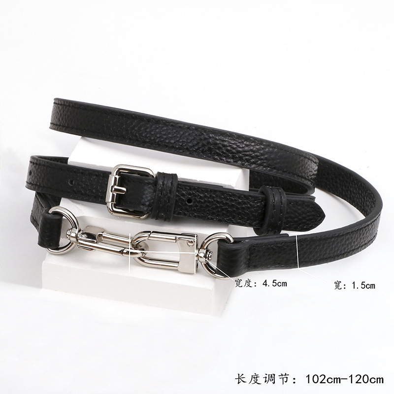 Premium cowhide lychee pattern black 1.5cm shoulder strap silver buckle