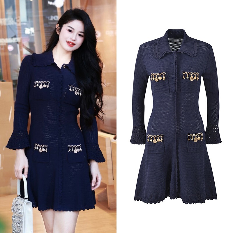 2026 Autumn New Fashionable Navy Blue Beaded Decorated Short Knit Dress with Turn-down Collar and Bell Sleeves