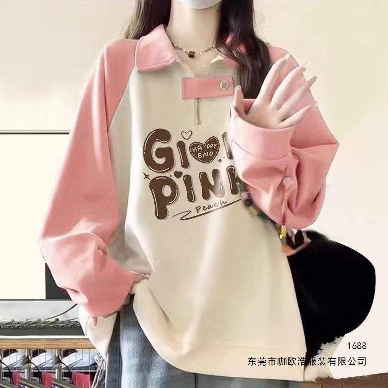 New autumn and winter commuter style, sweet and loose-fitting, fleece-lined, long-sleeved, cotton zip-up sweatshirt with a turn-down collar, thickened POLO top