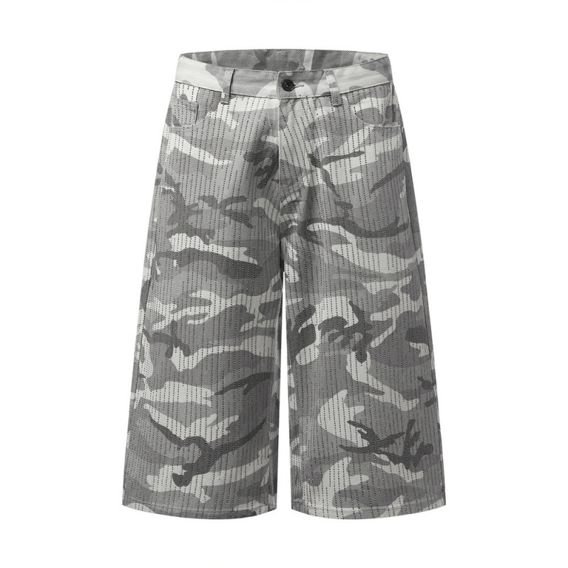 Camouflage Cropped Pants for Men, Summer Heavy-Duty Rhinestone Starry Design, Niche Loose Straight Shorts, Hip-Hop Fashion