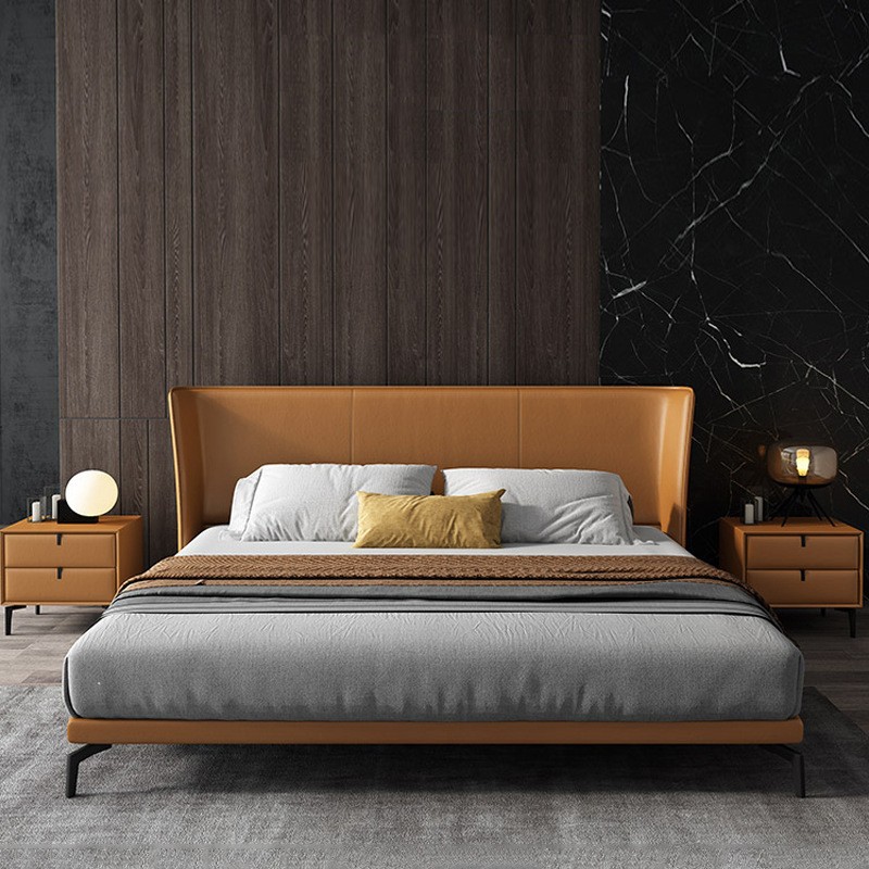 Cama de cuero real minimalista italiano moderno dormitorio principal minimalista cama naranja de gama alta elegante diseñador cama doble cama de boda