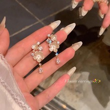 法式闪锆花朵流苏耳环女轻奢高级感耳钉气质耳饰耳坠无耳洞耳夹