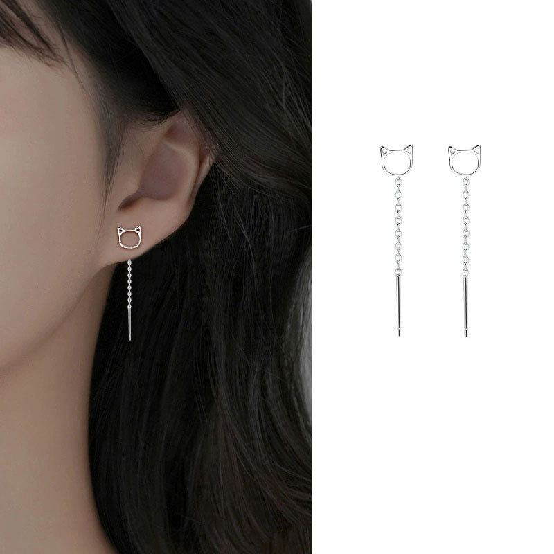 Hollow-out Cat Ear Line Women's Niche Design Sense Earrings Ear-raising Wash Sleeping Free Ear Chain Tassel Ear Jewelry Gift