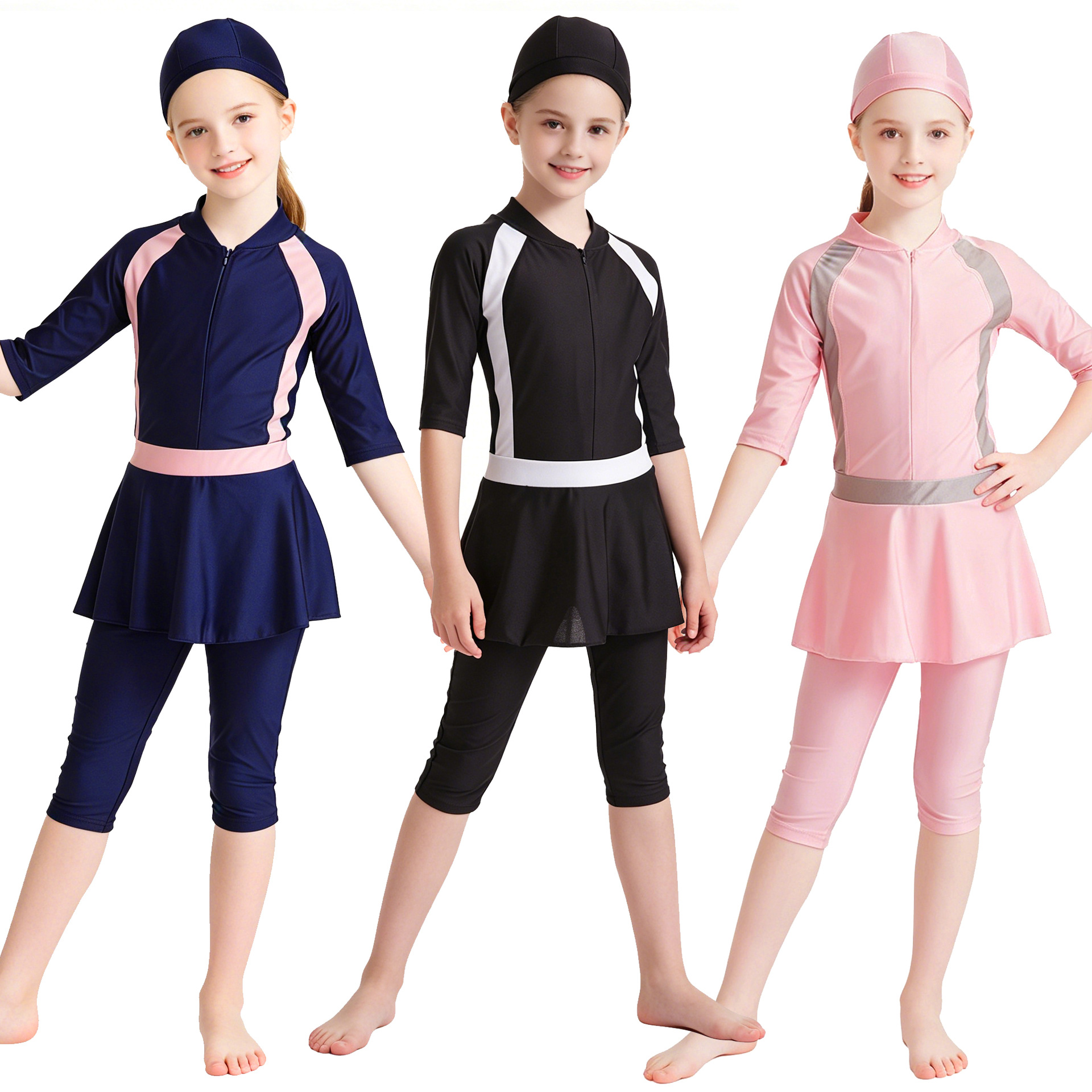 Factory In-Stock Girls' Three-Piece Swimsuit Set, Color-Blocking, Sun-Protective, Conservative Swimwear, Skirt-Style, Cute, for Older Children