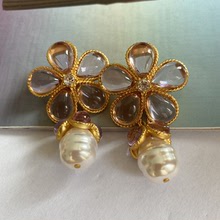 法式中古打標黃銅啞光彼岸花鋯石花朵珍珠925銀針耳釘耳夾飾品