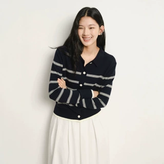 秋冬新款女经典翻领条纹针织开衫显瘦打底衫休闲上衣撞色针织宽松