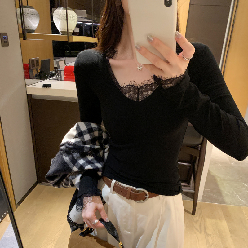 极简高级感白色蕾丝花边v领长袖t恤女2025新款早秋单穿气质小上衣|undefined