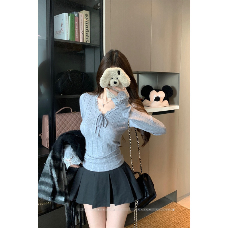 辣妹设计感蕾丝花边纯色收腰显瘦针织衫长袖T恤女上衣|undefined