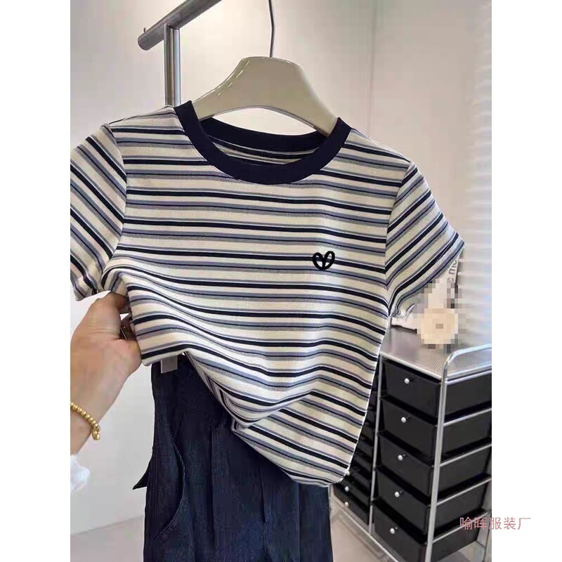 2026 Summer Color-Blocked Cotton Striped Short-Sleeve T-Shirt for Women, Fashionable Versatile Stylish Slim-Fit Top Base Shirt 2026 Summer Color-Blocked Cotton Striped Short-Sleeve T-Shirt for Women, Fashionable Versatile Stylish Slim-Fit Top Base Shirt