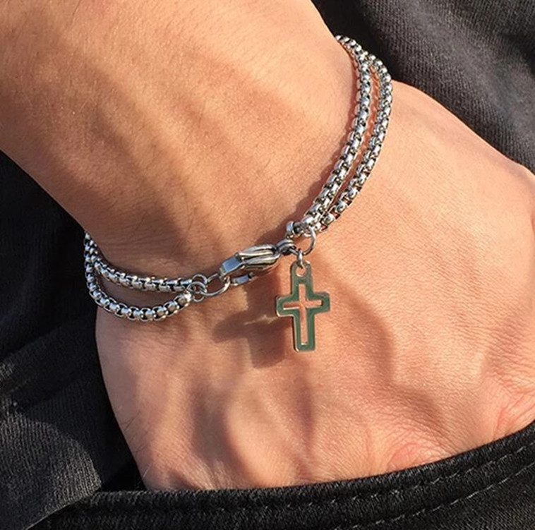 Longrui's New European and American Style Cross-Shaped Hollow Double Chain Cross Titanium Steel Men's Bracelet Double-Layer Personalized Bracelet