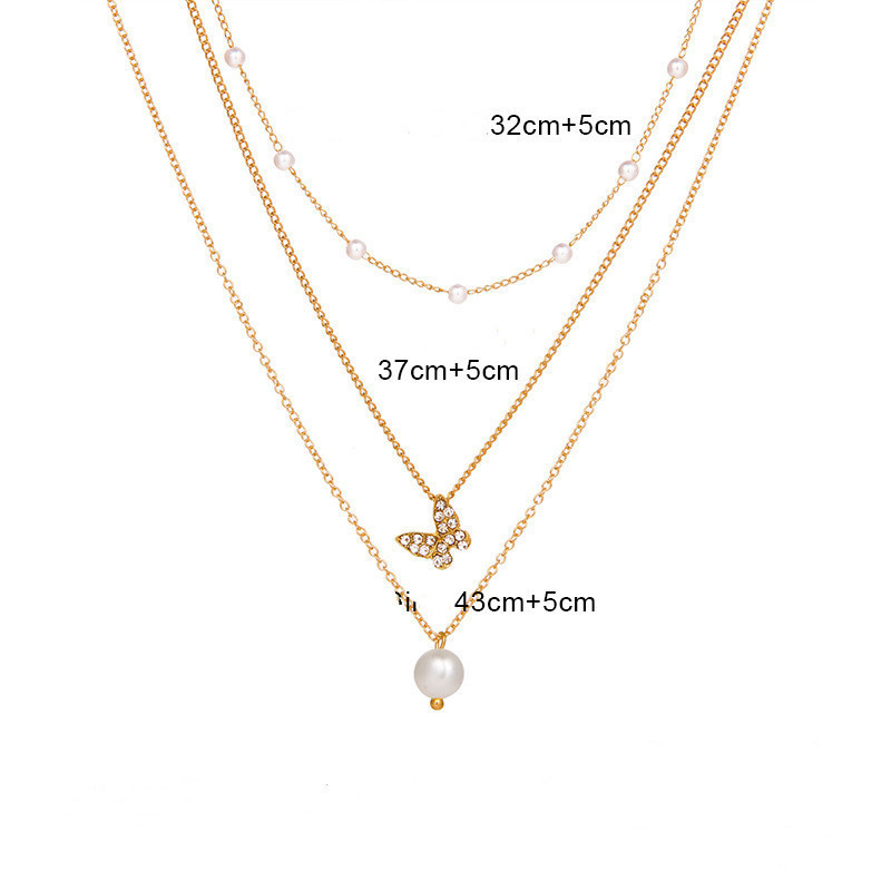 3g Weight Elegant Streetwear Butterfly Rhinestones Imitation Pearl Alloy Wholesale Three Layer Necklace
