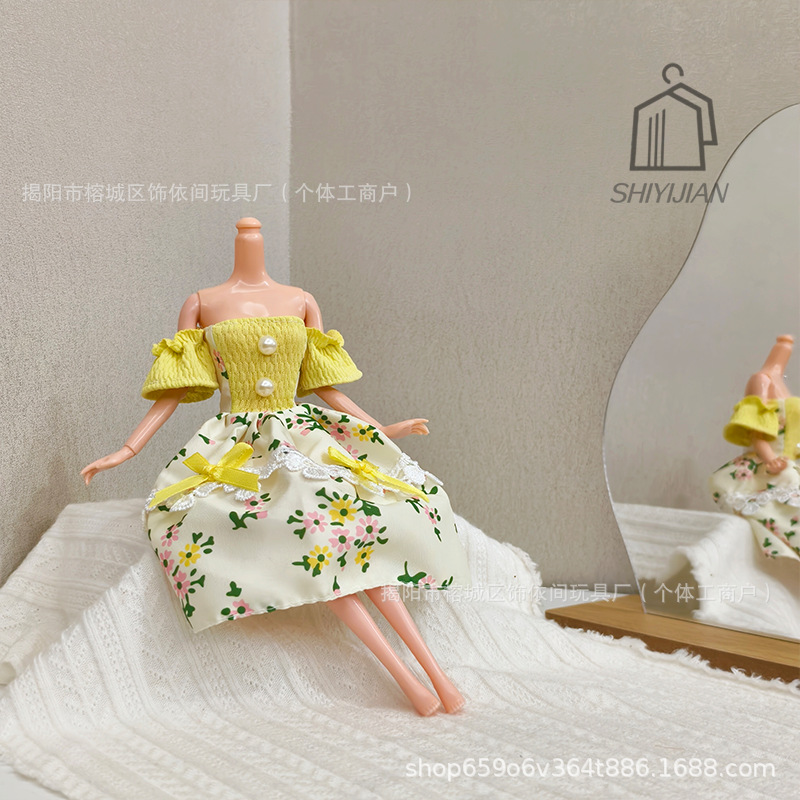 Foreign Trade 30cm 11inch Barbie Doll Early Spring Pastoral One-Shoulder Floral Princess Dress 6-Point Bjd Dress-Up Baby Clothes