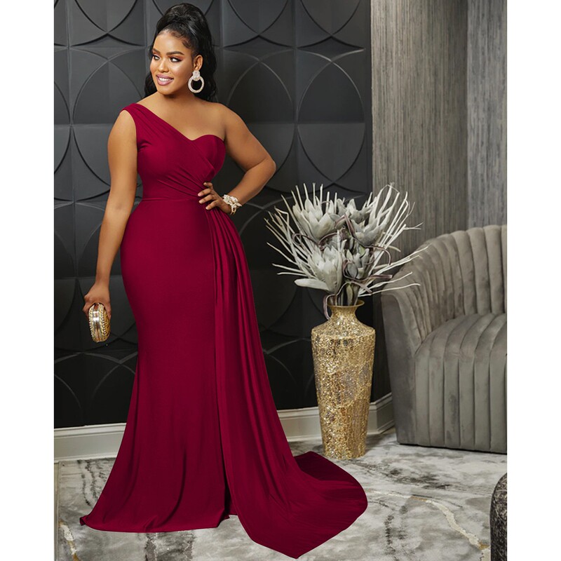 European and American Fashion Splicing Asymmetrical One-Shoulder Dress Red Classic Sexy Tight Dress High-End Floor-Length Skirt