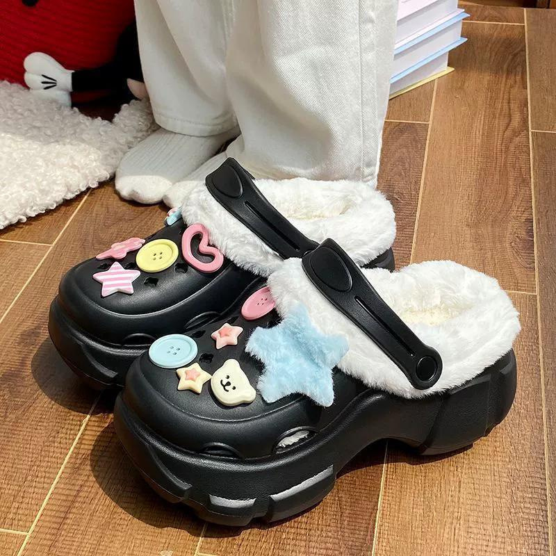 2025 New Furry Clogs Autumn and Winter Trendy Warm Fashion Versatile Removable Cotton Cover Outer Wear Height Increasing Shoes
