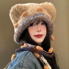 小熊耳朵毛绒帽子女秋冬季显脸小针织护耳帽保暖防寒套头雷锋帽子