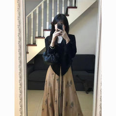 感新中式飘带别致上衣早秋水墨风高腰长款裤裙女春秋时尚套装
