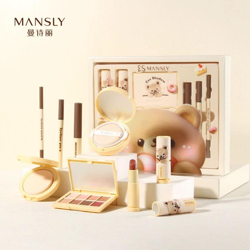 Mansili Cream Bear Подарочная коробка для макияжа, набор из 8 предметов, губная помада, пудра, подушка, тушь для ресниц, тени для век, подводка для глаз для подруги
