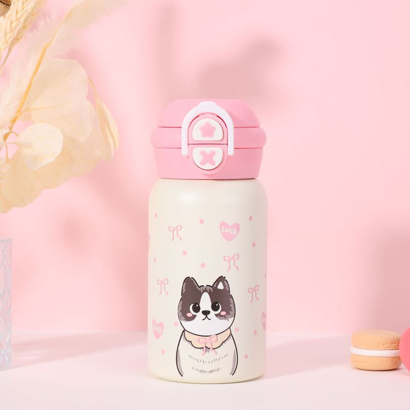 かわいい水玉模様の漫画柄ウォーターカップ、持ち運び用ストラップ付き、ステンレス製魔法瓶カップ、車用ロックバックル、バウンス蓋、ストローカップ|undefined