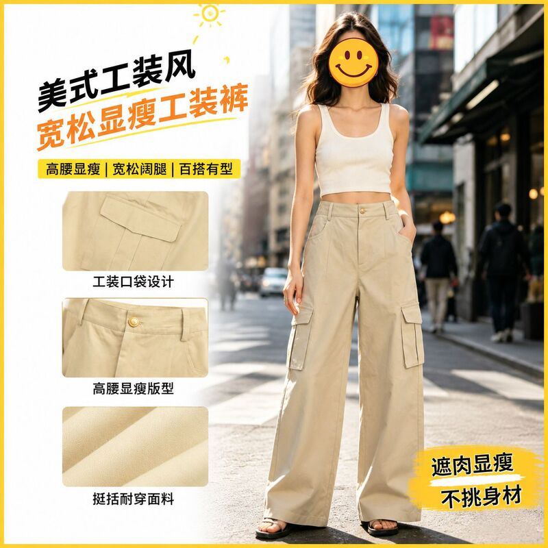 Light Khaki Mid-Waist Workwear Wide-Leg Pants for Women with Multiple Pockets, Loose Fit, Straight Cut, Slimming, Floor-Length, Versatile Casual Trousers Light Khaki Mid-Waist Workwear Wide-Leg Pants for Women with Multiple Pockets, Loose Fit, Straight Cut, Slimming, Floor-Length, Versatile Casual Trousers