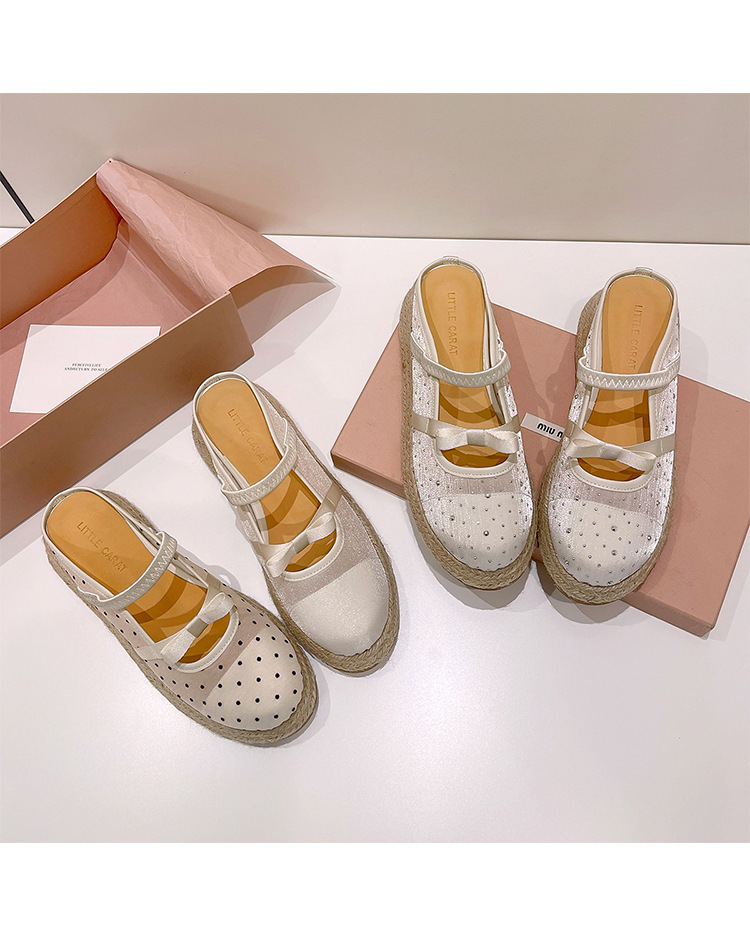 Xăng đan gót xuồng dệt đế dày 5cm bít mũi lưới phong cách nghỉ dưỡng — Lưới kim cương nóng, Lưới chấm bi, Lưới chi tiết 33