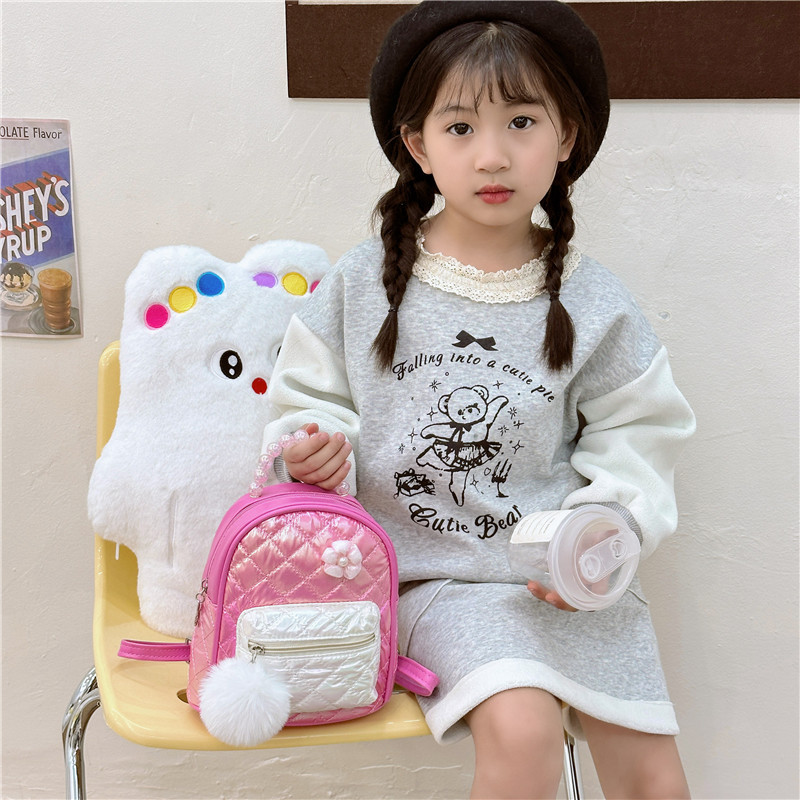 Dulce flor mochila escolar para bebé moda rombo bola de pelo grande mochila para niños y niñas mochila con cuentas para niños