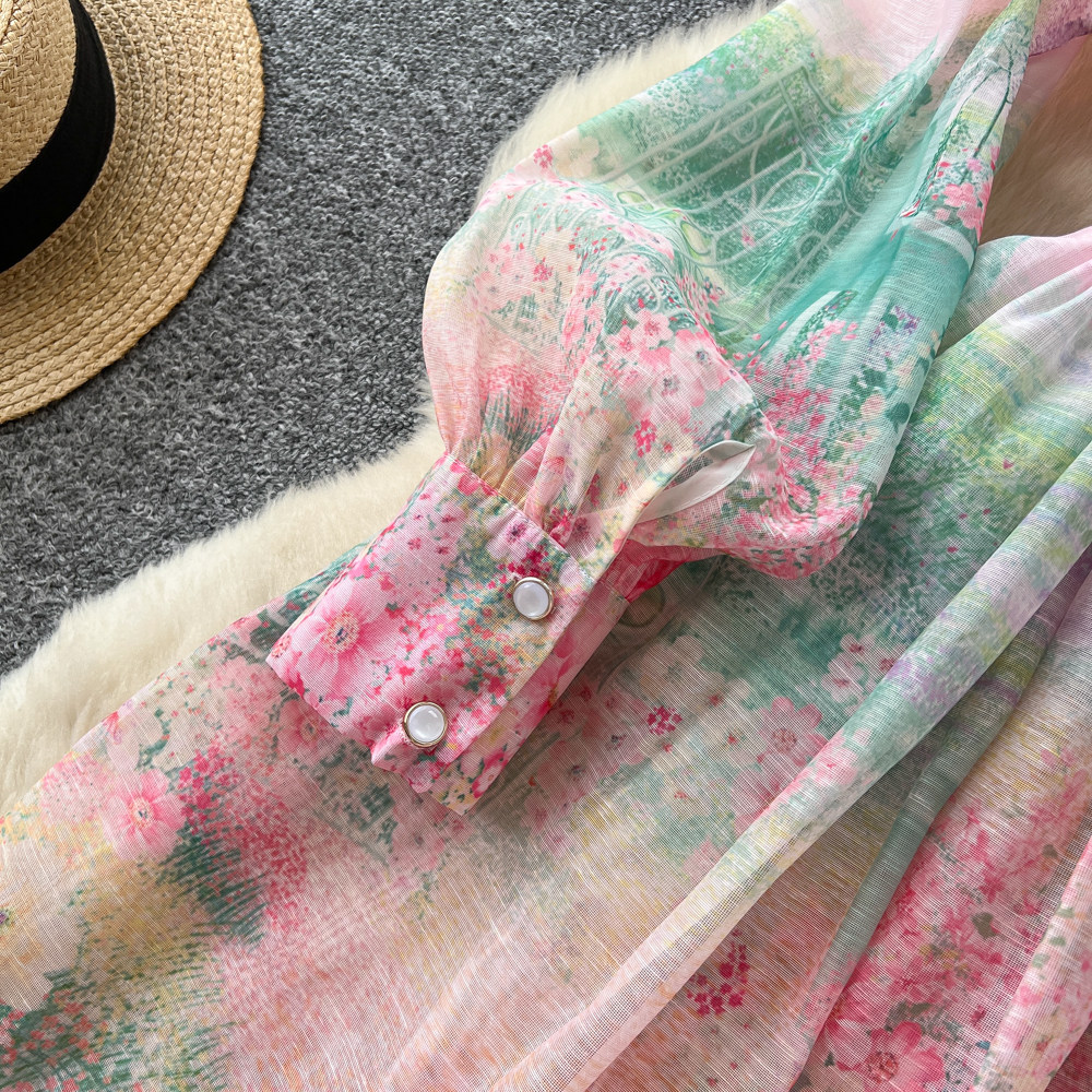 Women's French Romantic Gradient Print Dress Long Sleeve Single Breasted Button down Waist Tie Elegant Long Summer Dress_ecoleips.com