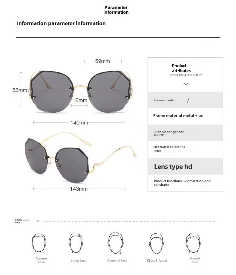 New fashion frameless cut-edge sunglasses women's polygon metal arc glasses leg street shot all-match sun protection sunglasses_voghion.com