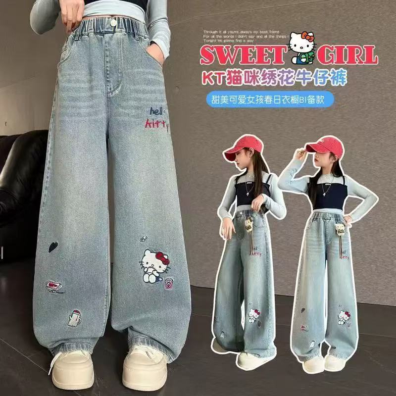 New Summer Girls' Kt Cat Embroidered Wide-Leg Pants Trendy Butterfly Style Loose Thin Outerwear Pants Wholesale