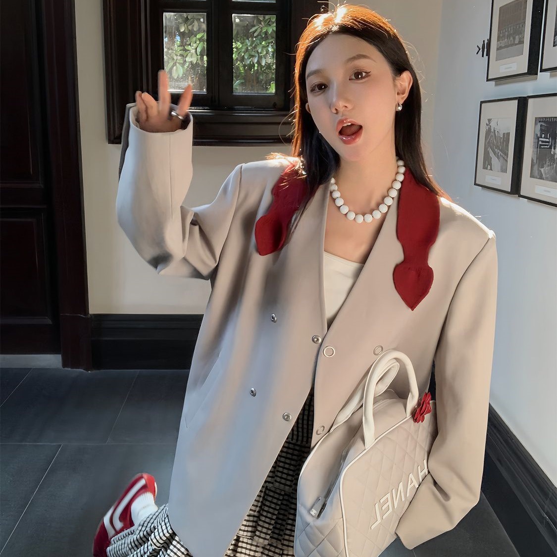 Loose-Fitting Women's Autumn Retro Niche Color-Blocking Design Korean Fashion Silhouette Blazer