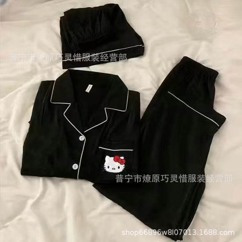 Hermosos pijamas de tela de rabu mujeres primavera y otoño verano nubes de algodón dulce mangas cortas pantalones cortos de tres piezas ropa para el hogar