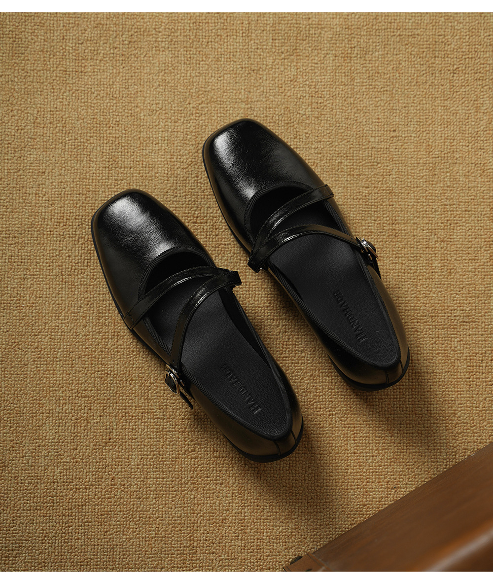 Giày Mary Jane nữ da cừu miệng nông đế bệt phong cách học sinh quai ngang khóa Velcro — đen chi tiết 14