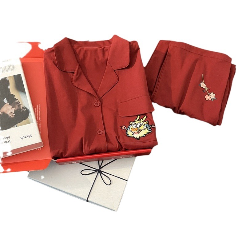 Dragón rojo año pareja pijamas primavera y otoño puro algodón de manga larga 2024 Nuevo Año de la boda de los hombres y las mujeres de invierno homewear