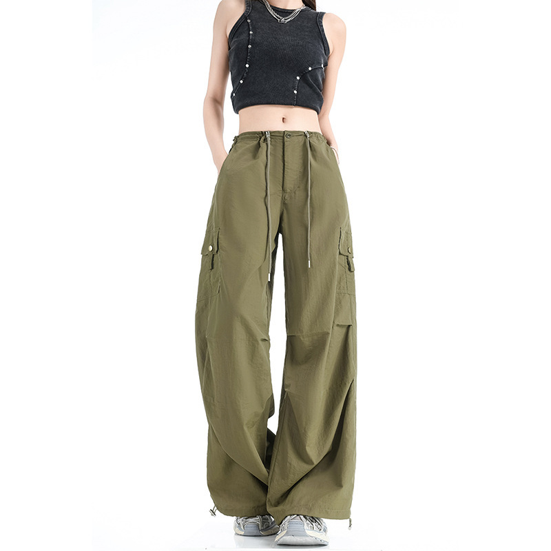 Army Green Quick-Dry Work Pants for Women, Summer New Design, High-Waisted Slimming Wide-Leg Pants, American Casual Style Sports Pants