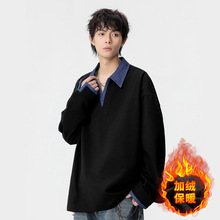 黑色假两件显瘦拼接卫衣男款冬季条纹衬衫长袖polo衫高级感外套潮