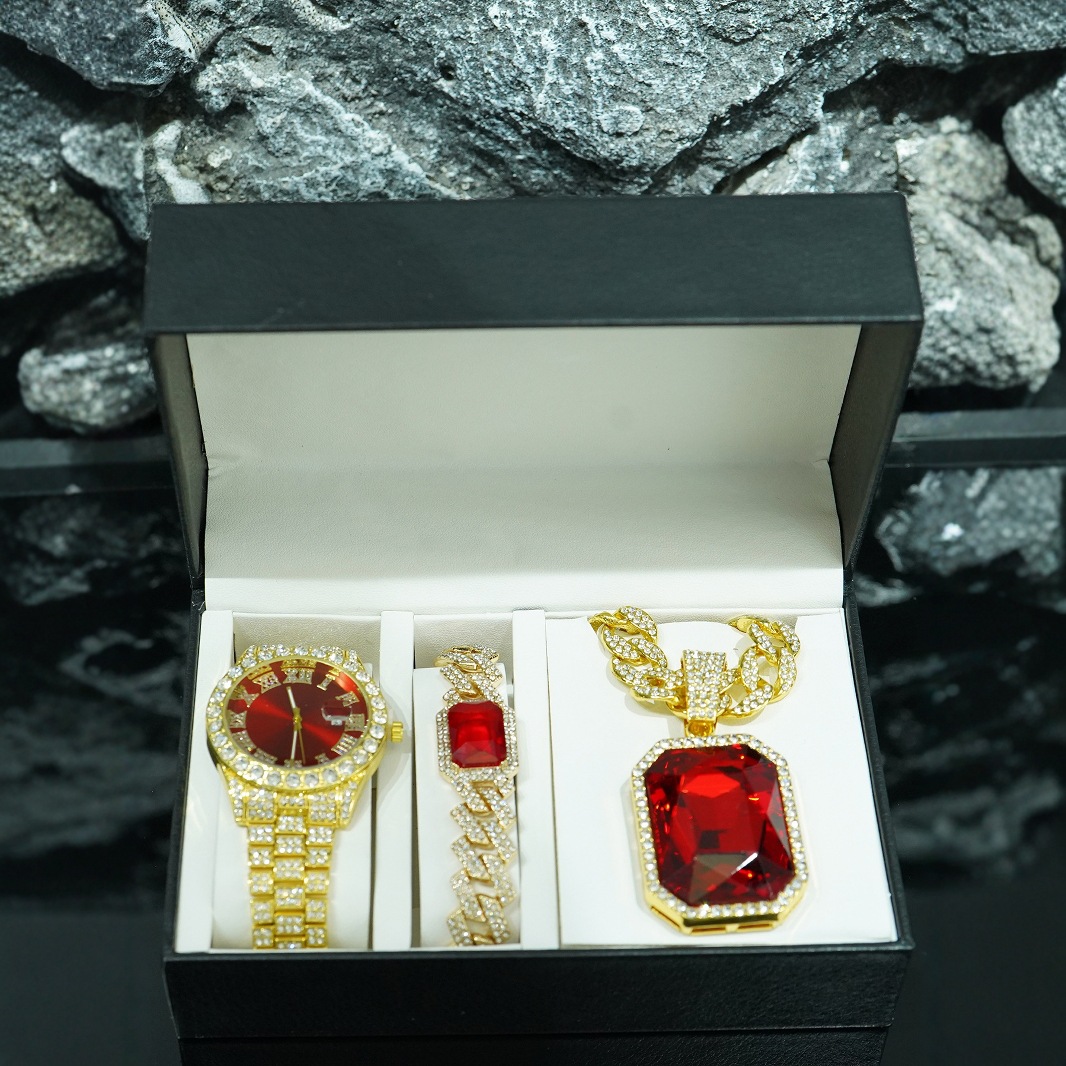 Ventas transfronterizas calientes colgante de aleación de esmeralda roja pulsera collar reloj 5 piezas conjunto de joyas de regalo de alto nivel para hombres