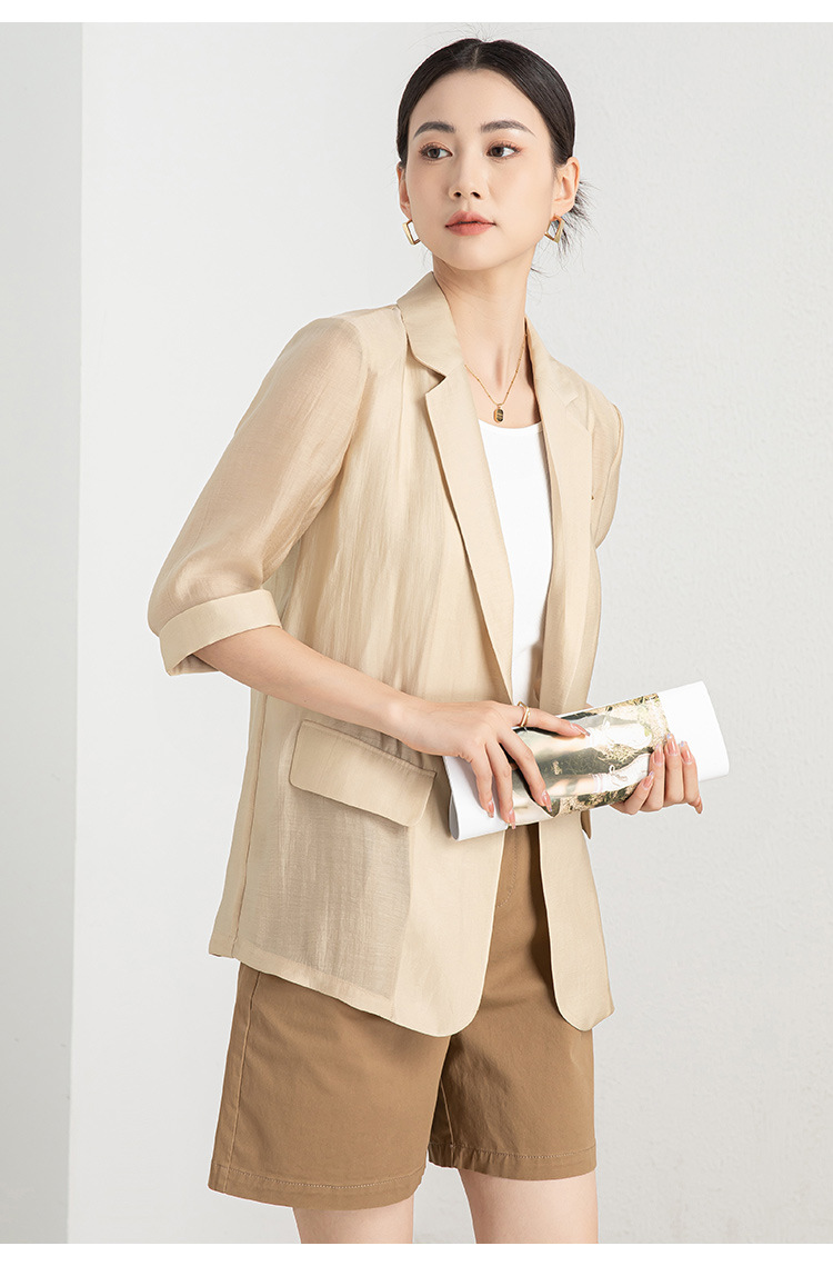 Áo blazer nữ mỏng mùa hè màu xanh lá cây dáng suông nhẹ — Màu Sâm panh chi tiết 12