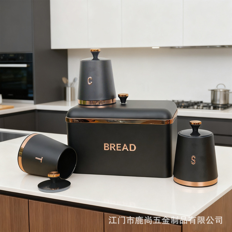 跨境厨房储物罐欧美面包箱四件套复古面包盒子带盖方形收纳盒铁盒|undefined