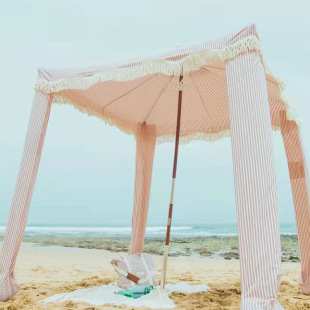 2m Australia Luxury Seaside Camping Style Tent Umbrella Beech Wood Mid-Pole Square with Tassel Sunshade Beach Umbrella