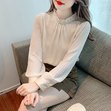 洋气时尚雪纺小衫2025秋季新款韩版百搭压褶袖子长袖衬衫女上衣秋