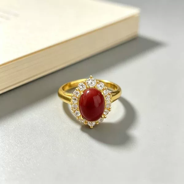 Synthetic red 18K coral ring for women, Korean style, versatile for daily wear, unique and fashionable trendy ring, European and American style ring
