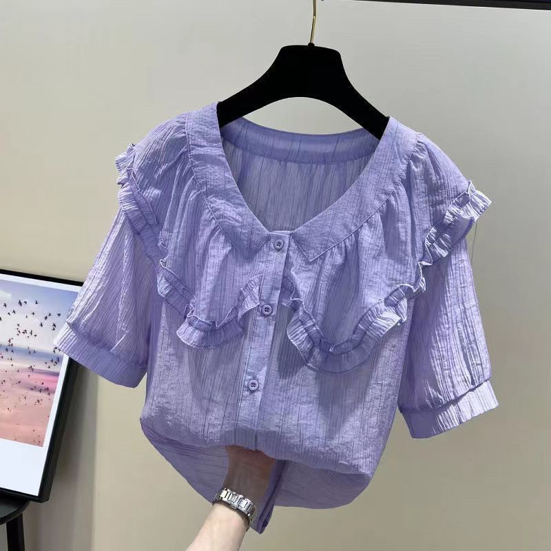 유럽 제품 2023 새로운 노화 방지 인형 칼라 여성용 반팔 쉬폰 셔츠, 배를 덮는 디자인, 틈새 시장, 아름다운 셔츠