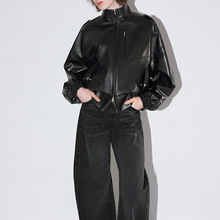 真皮皮衣HN5226秋冬绵羊皮美式复古立领落肩双向拉链机车夹克外套