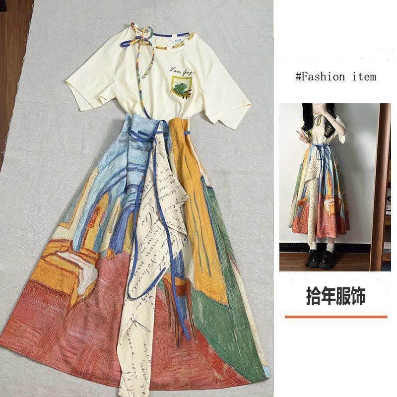 フレンチレトロ文学半袖Tシャツトップス不規則スカートレディース夏ゴッホ油絵風ウェア1|undefined